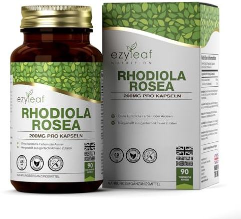 Ezyleaf Rhodiola Rosea Kapseln 400mg | Hochdosiertes Rosenwurz Extrakt mit 3% Salidrosid | 90 Vegane Rosenwurz Kapseln Hochdosiert | Nootropisches Adaptogen | ISO-Zertifiziert, Allergen & Glutenfrei