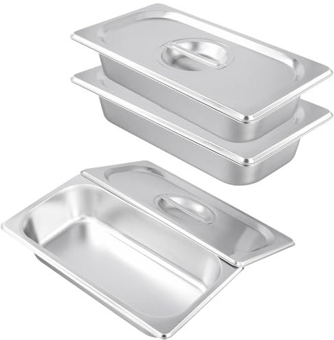 MUNGHOK 3-teilig Panierschalen Set, Edelstahl Panierstrasse mit Deckel, Panier Set aus Edelstahl, 32,5 x 17,5 x 6,5 cm Höhe Metall Panierstraße Gastronormbehälter zum Panieren und Servieren