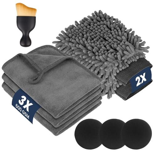 flintronic Autopflege Set 9 Stück, mit 3 Auto Trockentuch, 2 Waschhandschuh Auto, 3 Handpolierschwamm, 1 Bürsten, 600GSM Mikrofasertücher Auto, Poliertücher Trokentuch, Extra Saugstark Weich 40x30cm