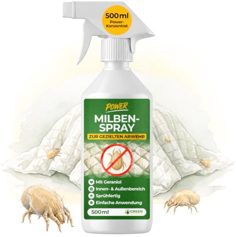 GREEN GUARDIA Milben Abwehrspray – Sprühfertiges Power Konzentrat mit pflanzlichen Ölen | 500 ml für Innen & Außen | sofort, effektiv & nachhaltig
