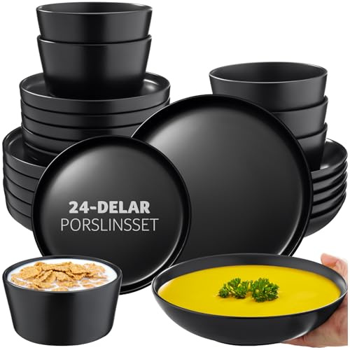 tectake® 24-tlg. Geschirrset, Tafelservice 6 Personen, Steingut Geschirr Set schwarz, Teller Set mit Schalen, Speiseteller, Frühstücksteller, tiefe Teller und Schüsseln - schwarz