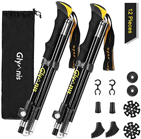 Glymnis Wanderstöcke Trekkingstöcke Walking Stöcke 7075 Aluminium Wanderstock verstellbar 110-130cm und Klemmverschluss mit 4 Paar Gummipuffers für Trekking (Gelb)