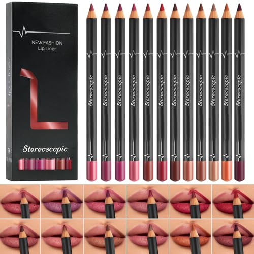 LOPHE 12 Stück Lipliner Set, Lip Liner Wasserfest Matte Finish, Lipliner Pencil Smudge-Proof