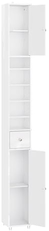 SoBuy Hochglanz-Weiß Badezimmerschrank schmal 20 x 20 cm, Hochschrank Bad 180 cm – platzsparender Nischenschrank Badezimmer mit 6 verstellbaren Böden & Schublade, BZR167-GW