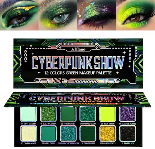 Afflano Multichrome Grüne Lidschatten Palette, Matte Schimmernde Chrom Green Glitter Eyeshadow, Gelb Blaue Lidschatten Für Frauen Grün Glitter Augen Make-Up, Gothic Smokey Dunkelgrüne Augen Makeup