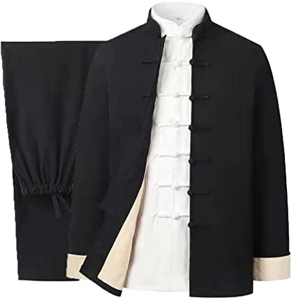 Baumwolle Leinen Tai Chi Uniform Set Tang Anzug Chinesische Traditionelle Kleidung Herren Kampfkunst Kleidung Atmungsaktiv Langarm Mantel Tops Hose, Kung Fu Uniform Zen Meditati, Schwarz , XL/XXL