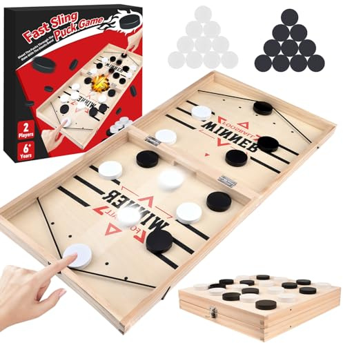 Fast Sling Puck Spiel, Shuffleboard Hockey Brettspiele, Portable Board Game | 2 in1 Tischhockey Eishockey Tischspiel, Holz Hockey Speelgoed Sling Pucks, Partyspiel für Eltern Kind Interaktion, Geschenke