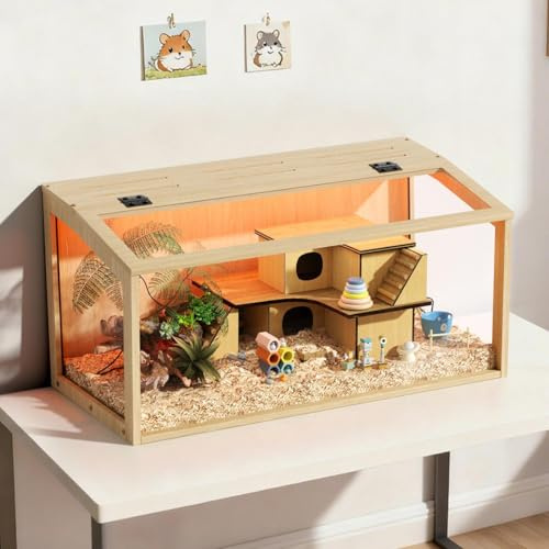 BingoPaw Hamsterkäfig Holz Kleintierkäfig Nagerkäfig Mäusekäfig mit klappbarem Deckel, 80 x 40 x 40 cm Natur