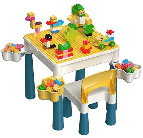 burgkidz Aktivitätstisch mit Stuhl & 130 Bausteinen für Jungen & Mädchen | 5-in-1 Tisch für Bauen, Malen, Spielen & Lernen, Große Blöcke kompatibel, ergonomischer Stuhl, einfache Reinigung
