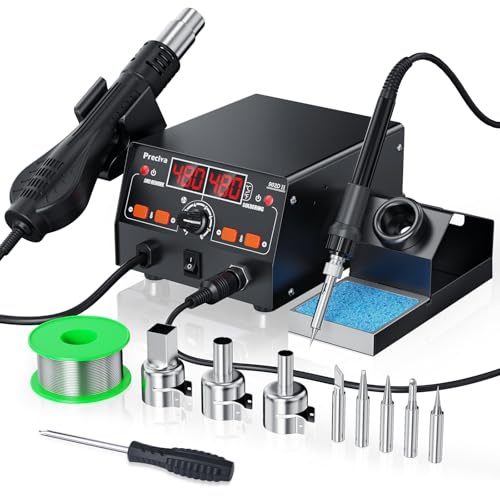 Preciva Lötstation 750W Heißluftlötstation Set 200-480°C mit dualem LED-Display, turbogeblasenem Lüfter & PID-SMT-Technologie für präzise Temperaturregelung und Energiesparmodus.