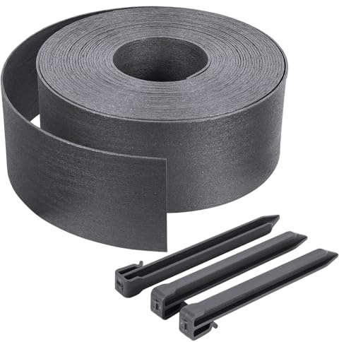 VOUNOT® Flexible Rasenkante aus PE, Beeteinfassung mit 12 Befestigungsheringen, Länge 20m Höhe 13cm, Dicke 3mm Grau
