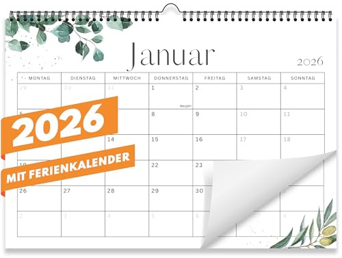 Kalender 2026 Wandkalender (Monatskalender im A4 Querformat) - Monatskalender 2026 für das ganze Jahr von Januar bis Dezember mit Ferienübersicht - Ideal als Paarkalender oder Familienplaner