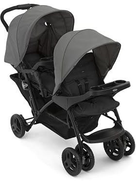 Graco Stadium Duo Geschwisterwagen, Zwillingswagen, 0-15 kg, auch mit Babyschale nutzbar, verstellbare Rückenlehnen, zusammenklappbar, freistehend, großer Staukorb, inkl. Snacktabletts, Titanium