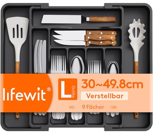 Lifewit Besteckkasten für Schubladen, verstellbarer Kunststoff Organizer Küche Tiefe 38 cm, Besteckeinsatz 7-9 Fächer, erweiterbar bis 50 cm, für Löffel und Gabeln, Schwarz, Groß