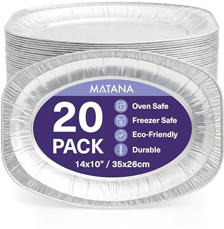 MATANA 20 Große Alu Servierplatten, 35x26cm – Einweg- & Mehrweg Serviertablett mit Hohem Rand & Extra Tiefe – Ofen- & Gefrierschrankgeeignete Buffetplatten für Partys, Weihnachten, Catering