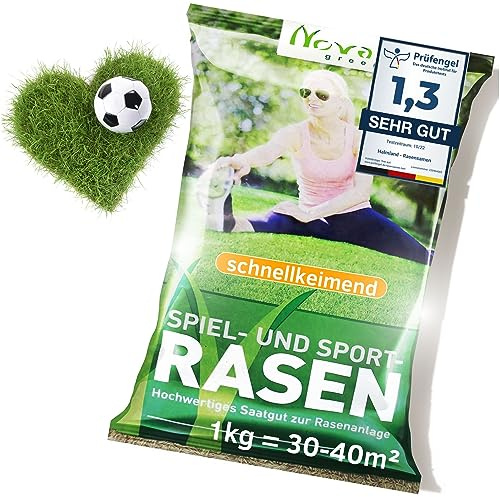 Premium Rasensamen schnellkeimend 1kg = 30-40m² | Frühjahr Sport und Spiel Rasen - SEHR GUT getestet - Grassamen trockenresistent | Ideal für Rasensaat und Nachsaat