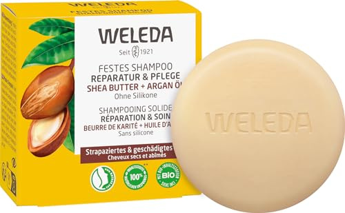 WELEDA Bio Festes Shampoo Reparatur & Pflege - Naturkosmetik Haarpflege Seife schützt vor Spliss & Haarbruch mit Bio Sheabutter, Arganöl & Keratin. Natürliches Haarshampoo ohne Silikone (vegan / 50g)