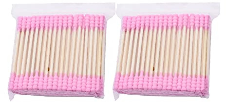 JIHUOO 200 Stück Hölze Griff Baumwoll Tupfer Ohrreinigung Wattestäbchen Doppelkopf Baumwoll Tupfer Make Up Wattestäbchen Baumwollknospen Rosa