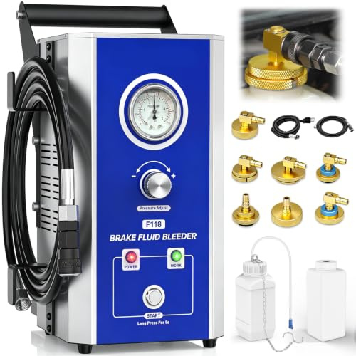 F118 Bremsenentlüftungsgerät Elektrisches mit 7 Adaptern Ein-Mann Automatik | 35W Motor, 1,6 L/min Durchfluss,eingebautes Manometer，7 Universaladapter für EU/US/Asien Autos & Motorräder, 1L + 2L Flaschen