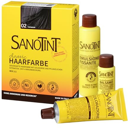 Sanotint - Haarfarbe Classic Nr. 02 „Tiefbraun“ - Naturnahe dauerhafte Haarfarbe mit Goldhirse und wertvollen pflanzlichen Extrakten – 100% Grauabdeckung – vegan - 125 ml