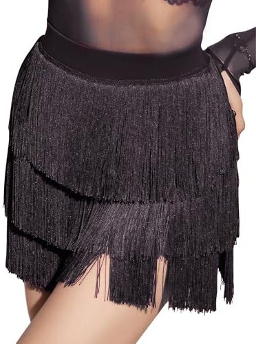 SEAUR Latein Tanzrock Damen Fransen Rock mit Shorts Schlitz Training Tanzkleidung Tango Rumba Cha Cha Samba Rocklänge 43-46cm - EU S-XL= (Asie M-2XL)
