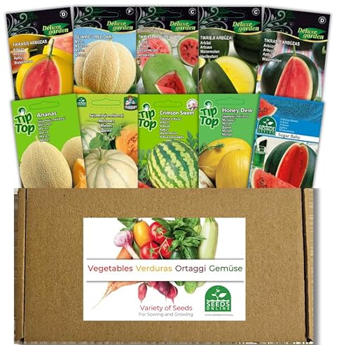 Nojus - Wassermelonen und Melonen Sammlung 10 Sorten von Früchtesamen: Sugar Baby, Crimson Sweet, Honey Dew, Cantaloupe - Melone & Wassermelone Samen - Ziehen Sie Wassermelone & Melonen selbst