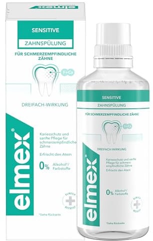 elmex Zahnspülung Sensitive 400ml – Zahnspülung für Extraschutz vor schmerzempfindlichen Zähnen und Zahnhalskaries – für die tägliche Zahnreinigung ohne Alkohol mit Minzgeschmack