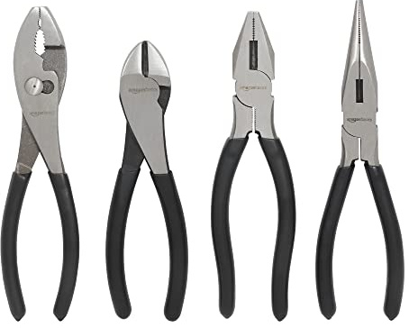 Amazon Basics Zangen-Set, inklusive Seitenschneider, 4 Stück, Schwarz und Silberfarben