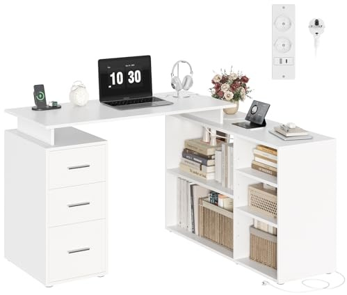 FirFurd Eckschreibtisch mit Steckdosenleiste Schreibtisch L Form Computertisch mit Bücherregal und Schubladen Eckschreibtisch mit Stauraum PC Tisch für Arbeitszimmer Homeoffice 129 x 104 x 76 cm, weiß