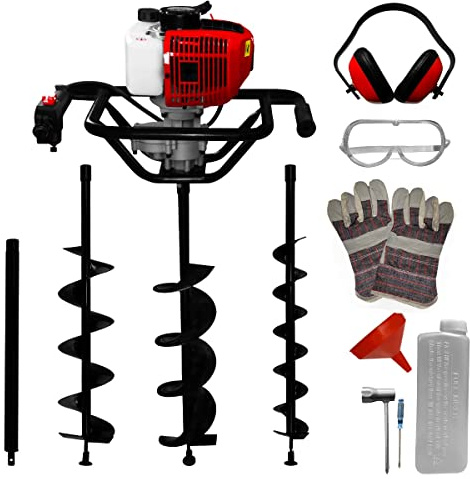 52cc Benzin Erdbohrer Erdlochbohrer 3PS Erdlochausheber Lochbohrer Pfahlbohrer Erdbohrgerät 10cm 15cm 20cm Aufsätze 80cm Verlängerungsstange 9000 U/Min 1.2L 1.6kW Sicherheitszubehör & Toolkit