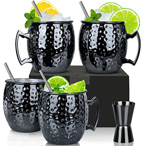 SuproBarware Moscow Mule Becher, Set 4er, Gunmetal schwarz 550ml, Moscow Mule Mug mit 4 Becher, 4 Trinkhalme, 1 Messbecher für Kaltes Getränk, Bier, Gin, Vodka, Cocktails und Wasser Genießen