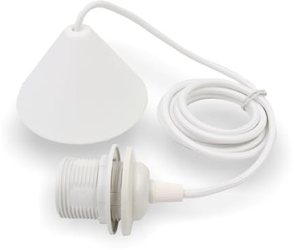 Licht-Zubehoer.de Schnurpendel, Hängefassung, Pendelleuchte mit Textilkabel, Baldachin und E27 Fassung & Schraubring für Lampenschirme | Schwarz oder Weiss | 2000mm (Weiss), 90-2000-XX