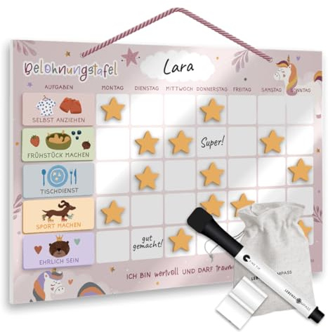 Lebenskompass® Belohnungstafel Kinder Rosa - Abwischbare Whiteboard-Tafel mit Aufhängeband - Belohnungsplaner für Kinder zur Motivation & Zielverfolgung im Alltag