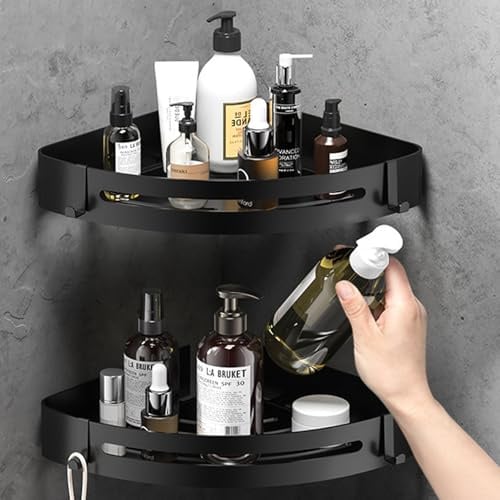 RCQD Duschablage Ohne Bohren, Badezimmer Regal mit Haken und Seifenständer,Duschregal Ecke für Badezimmer und Küche,badregal Mit 7 Klebstoff, 3 Stücke (Mattschwarz) (Schwarz)