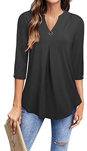 Gaharu Damen Bluse 3/4 Arm Elegant V-Ausschnitt Tunika Shirt Oberteil Flowy Locker Longshirt Tops