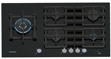 Siemens ER9A6SH40 iQ700 Gaskochfeld, 90 cm, stepFlame Technologie, cookConnect, Intelligente Dunstabzugsautomatik, Digitales Display, Abnehmbare Metallknebel, Hartglas, Home Connect, Schwarz