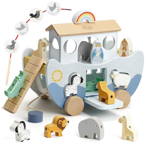 Joyreal Arche Noah Holz - Taufgeschenke für Mädchen Jungen Kinder, Geschenk Taufe, Montessori Spielzeug ab 1 2 3 Jahr, Holzspielzeug mit Bauernhof Spielzeug Sortier Stapel