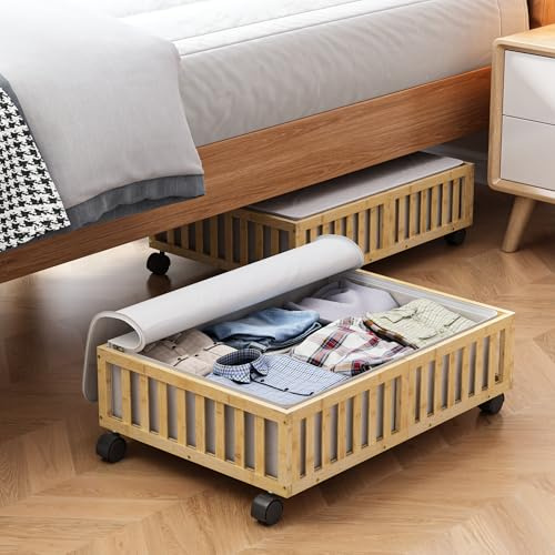 Bambus-Unterbett-Aufbewahrungsbehälter mit Rollen, 2 Stück unter dem Bett, Schuhaufbewahrungsbehälter, Holzschubladen mit Tasche, Organizer für Schlafzimmer, Bettwäsche, Kleidung, Decke, Tröster