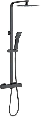 Aica Sanitär Duschsystem mit Thermostat, Edelstahl Duscharmatur Komplettset mit 20x20cm Quadratisch-Overhead Regendusche, 73-115cm Höhenverstellbare Duschstange, Verbrühungsschutz, Mattschwarz