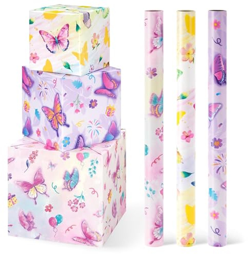 WERNNSAI 3 Rollen Schmetterlings Geschenkpapier Geburtstags Mädchen Kinder Lila Blumen Geschenkverpackung Geburtstagsparty Dekoration 43cm x 3m