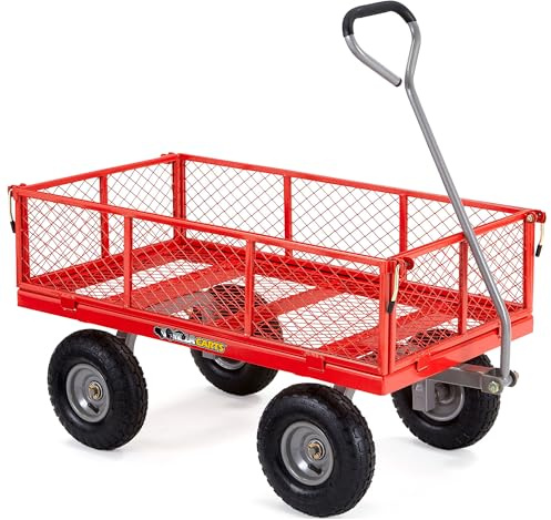 Gorilla Carts Stahlwagen mit abnehmbaren Seiten – robuster Gartenwagen mit 362,9 kg Kapazität, robuster Stahlrahmen, Luftreifen, abnehmbare Paneele, Rot