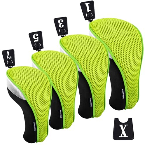 Andux Golfschlägerhauben aus Mesh, 460 cc, Fairwayholz, mit austauschbaren Nummern, Grün, 4 Stück