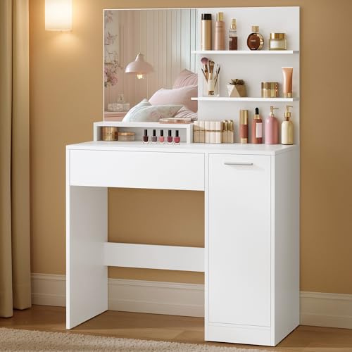 VASAGLE Schminktisch, großer Spiegel, 1 Schublade, 2 offene Ablagen | Frisiertisch, 1 Schublade, 1 Schrank, 2 offene Ablagen, Wolkenweiß, CUSTOS Kollektion RDT119W01
