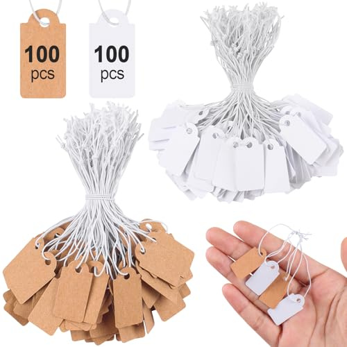 Caianwin 200 Stück Mini Preisschilder Anhänger mit Elastische Kordel, 26 x 13mm Etiketten Anhänger, Weiß und Braun Kleinen Hängeetiketten für Schmuck Display