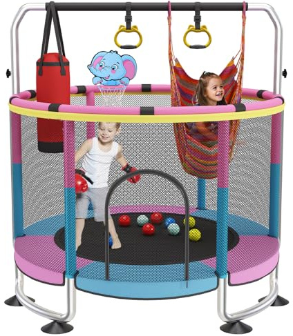 Trampolin Kinder, 150cm Kinder Trampolin Outdoor/Indoor, 200kg verstellbares,mit Basketballkorb und Gehäuse,Geschenke für Jungen und Mädchen