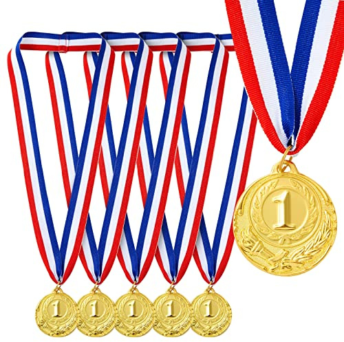 6 Stück Goldfarbene Medaillen 1. Platz am Band für Wettbewerbe, Turniere, Zinklegierung, 5 cm
