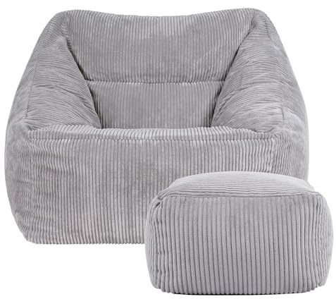 Icon Natalia Sitzsack Sessel und Hocker mit Füllung, Grau | In Deutschland Hergestellt, Sitzsack Erwachsene, Flauschiger Cord Stoff, Riesen Sitzsack Cord für Wohnzimmer und Schlafzimmer