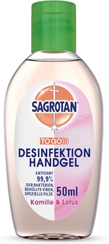 Sagrotan Hand-Desinfektionsgel Kamille & Lotus Desinfektionsmittel für die Hände in handlicher Reisegröße – 1 x 50 ml antibakterielles Gel (Packung mit 5)