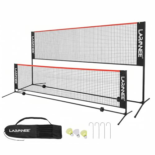 LARMNEE Badminton Netz, 4 m Volleyballnetz, Federballnetz, 3-Fach-Höhenverstellbar 107/120/155cm, Tragbares Set für Tennis, Badminton oder Volleyball, für Garten, Indoor, Outdoor EBR04BN02