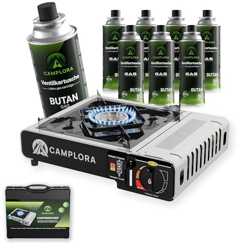 CAMPLORA Gaskocher + 8 Gaskartuschen + Tragekoffer mit Piezozündung - Campingkocher 2,2 kW - inkl. Sicherheitsabschaltung - Gaskocher Camping, Camping Kocher 1 flammig MSF-1a